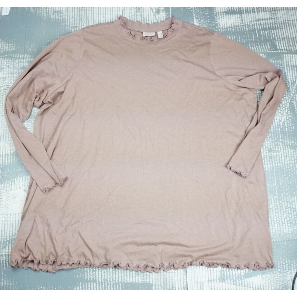 LOGO blouse womens XXXL  soft pink mock neck lettuce hem long sleeve fitted knit
